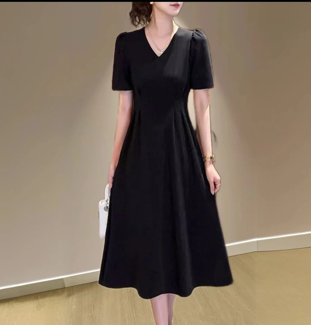 xcc2025赫本风小众小黑裙裙子夏季短袖黑色休闲长款连衣裙法式