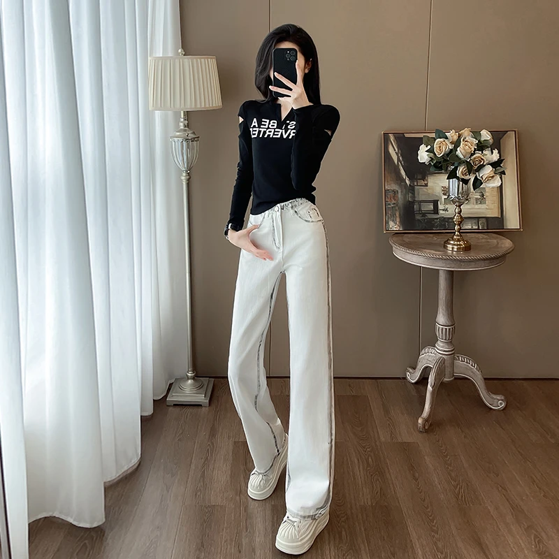 2025年春秋新款显瘦黑色上衣时尚休闲小个子外穿高腰白色牛仔女装
