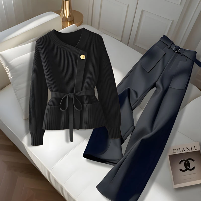 高级感洋气收腰显瘦慵懒风针织衫女款秋季新款高腰休闲裤子两件套