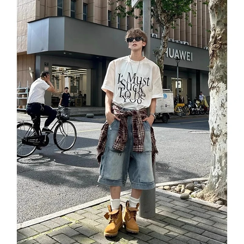 美式高街蓝色牛仔布短裤男款夏季hiphop工装裤子宽松男装七分裤