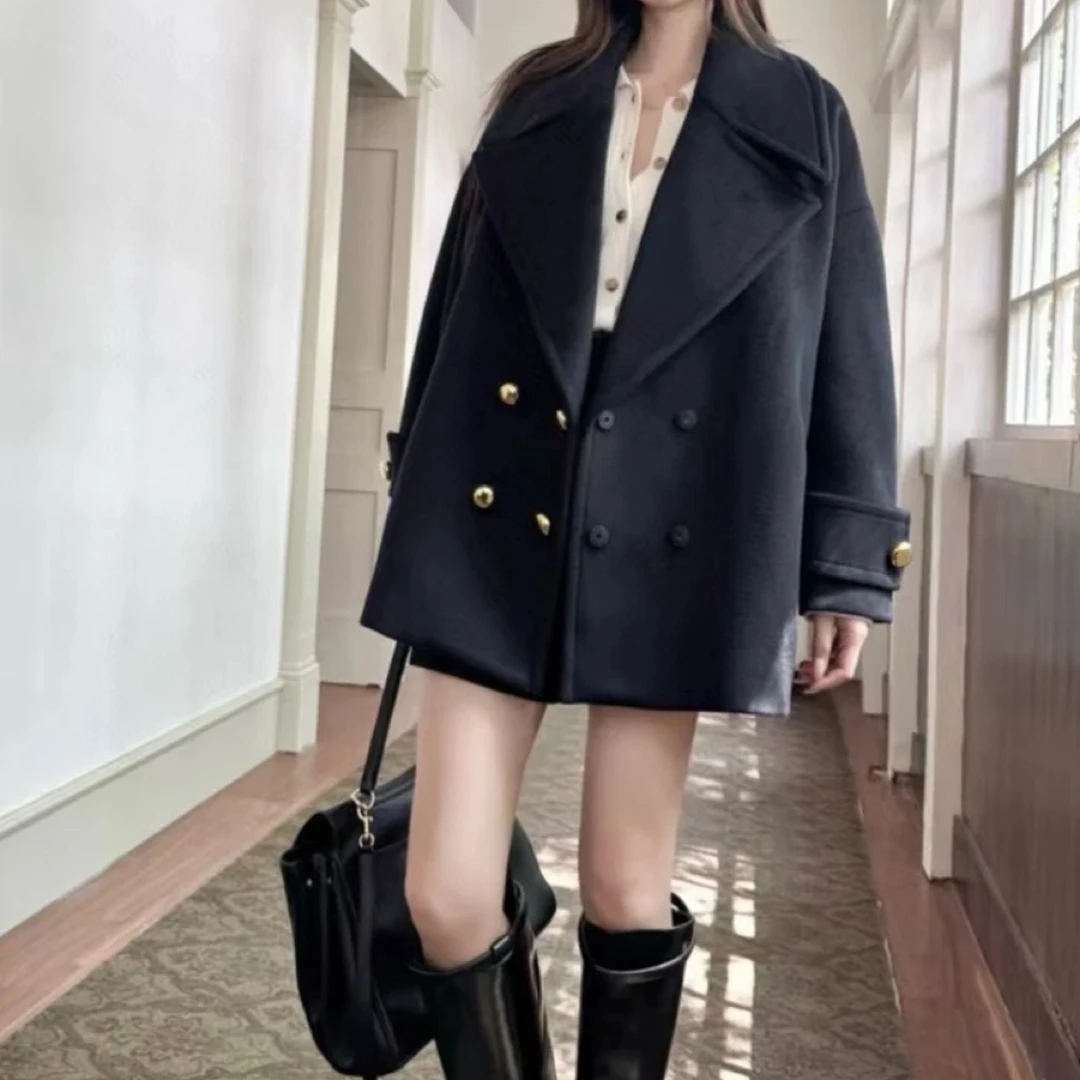 未使用 LOEWE/罗意威 午夜蓝金扣双排扣羊毛呢大衣 ys000717