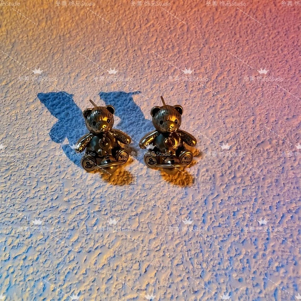黄铜耳饰 中古哑光vintage小熊星星耳钉复古珐琅滴油土星吊坠耳环
