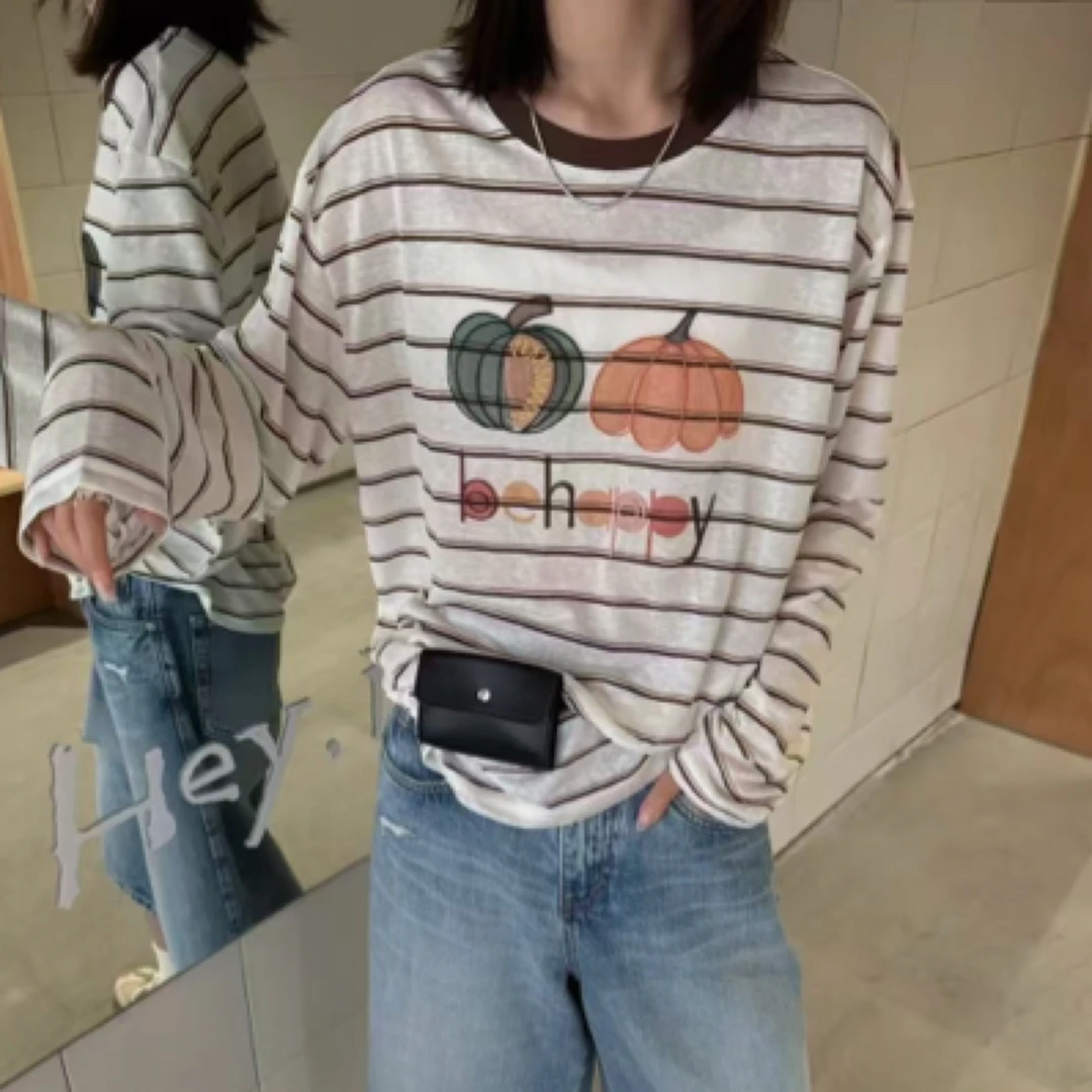 夏季新款韩系卡通南瓜印花撞色刺绣防晒T恤女慵懒风长袖上衣