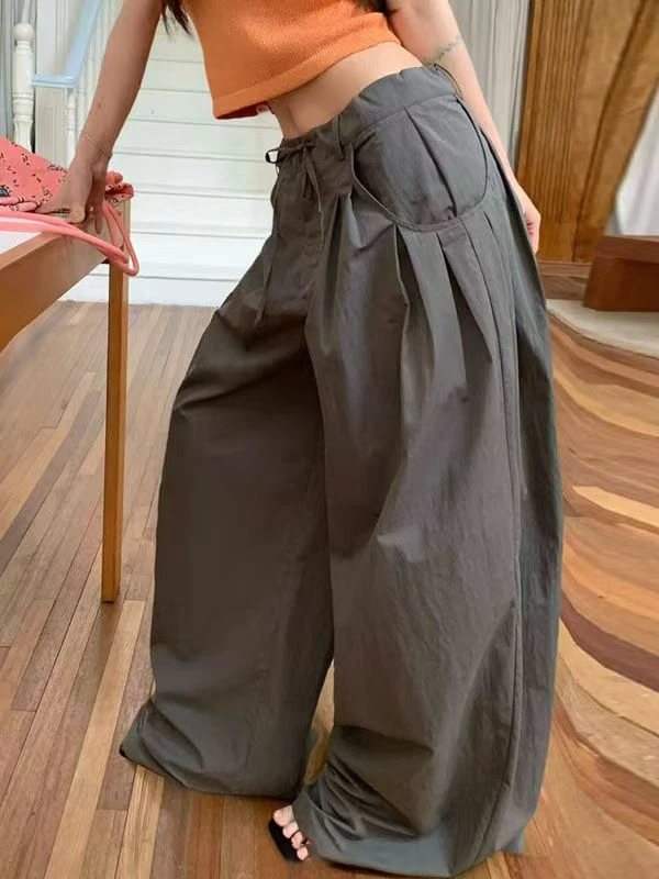 口袋阔腿裤长裤夏季常规款休闲裤抽绳宽松百搭运动洋气
