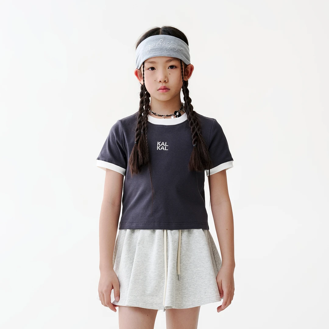 KALAM1LE【薄雾禅意】女童夏季休闲百搭撞色修身短款T恤X2188