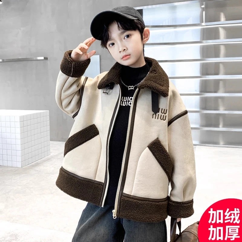 男童加绒加厚毛呢子外套秋冬季2025新款中大儿童冬装羊羔绒棉衣服