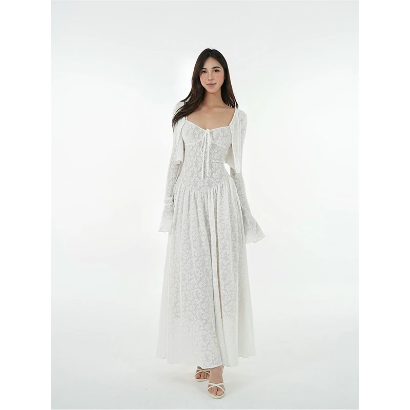 法式白色蕾丝弹力提花开衫