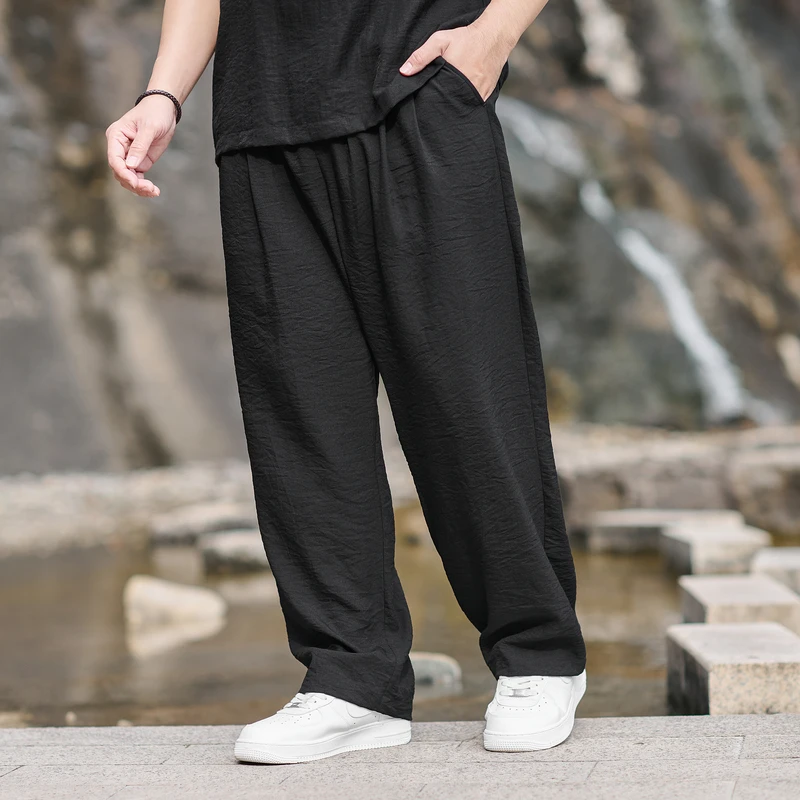 大码男装麻感直筒长裤春季新款加肥加大宽松直筒裤男士休闲裤0241