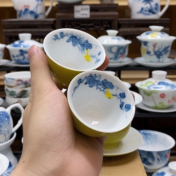 手绘2个装葫芦果杯子60cc釉下彩微瑕福利款