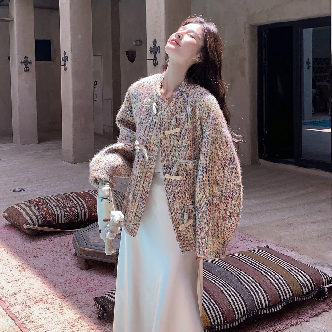 小香风彩色编织粗花呢外套女2025年秋季新款超好看设计感短款上衣