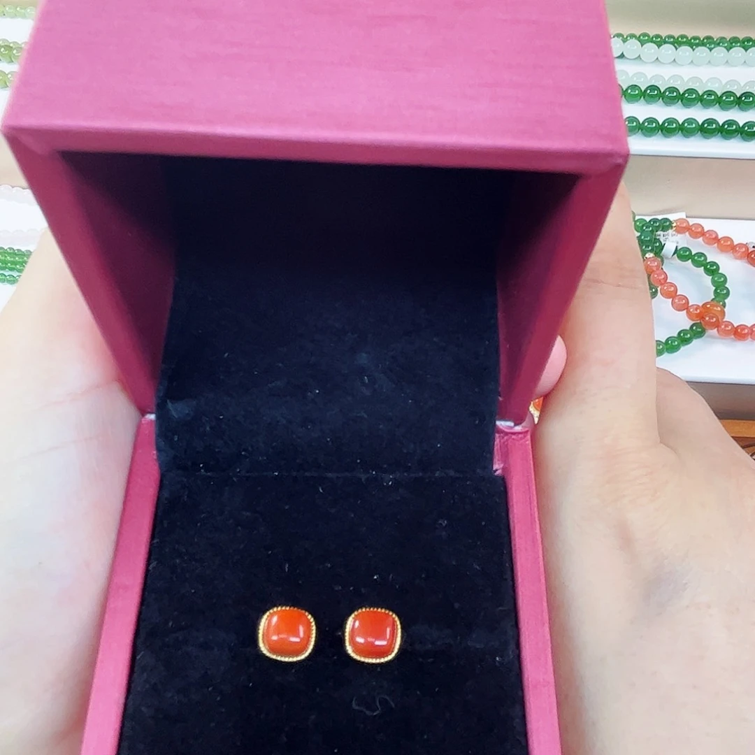 南红玛瑙银S925镶嵌耳饰