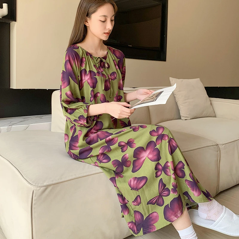 2025新款棉绸睡衣女士中袖薄款人造棉连衣裙长款睡裙家居服春夏季