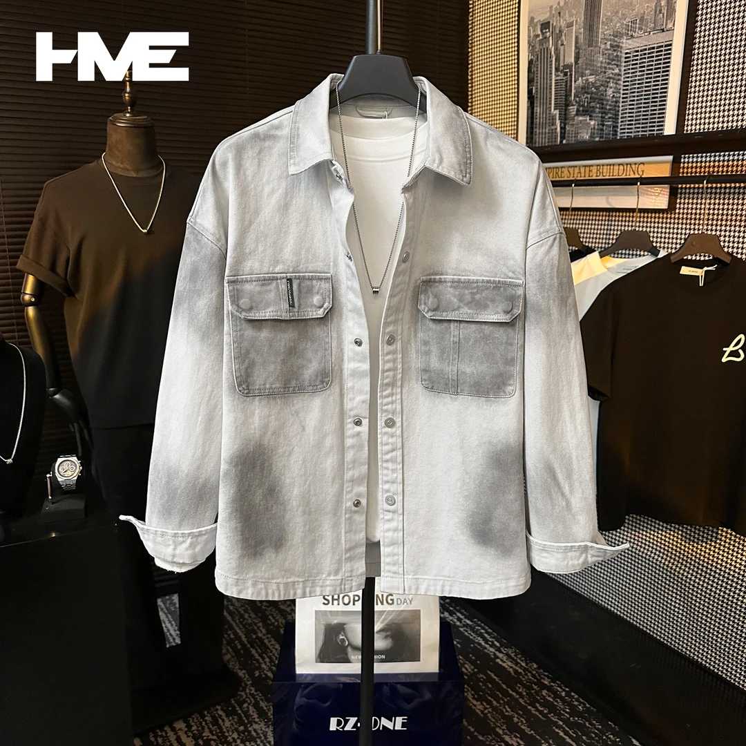 【HMEYAO】原创设计做旧脏染撞色时尚潮流双口袋纯棉长袖衬衫春季