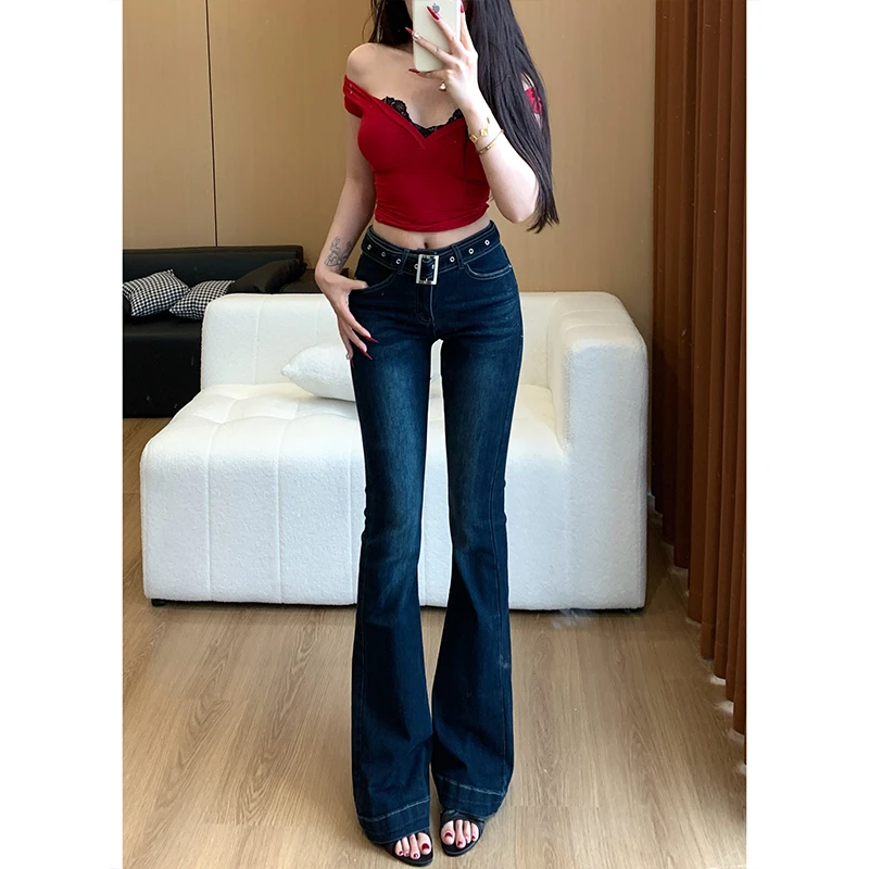 低腰紧身腰带微喇牛仔裤女2025年秋季新款弹力显瘦百搭喇叭长裤