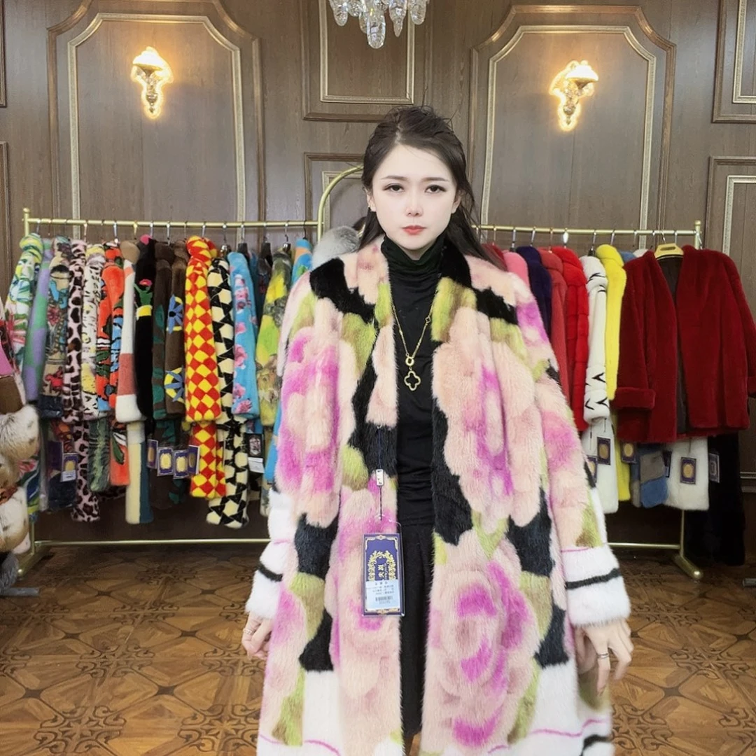 大花中长皮草外套