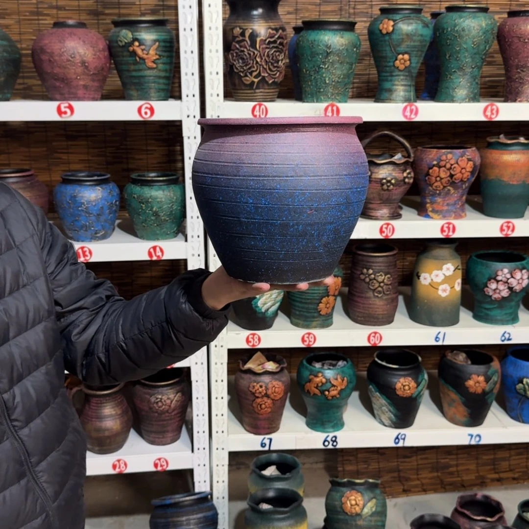 红陶红陶浮雕花盆炸炸炸