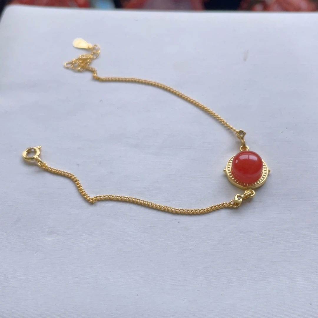 南红玛瑙银S925镶嵌保山南红蛋面手链