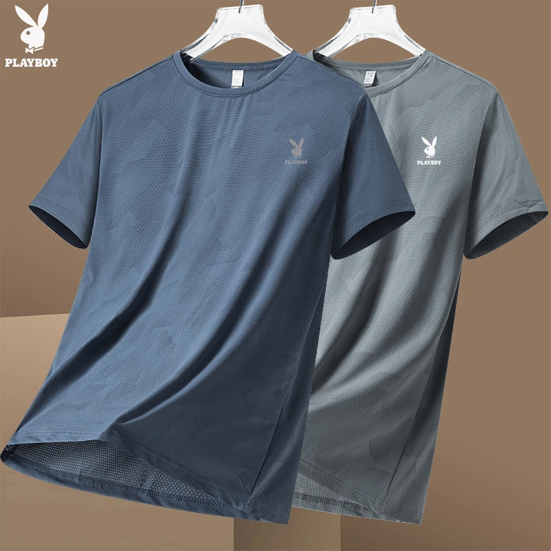 花花公子夏季短袖t恤男士2025新款薄款冰丝速干透气孔冰感体恤潮