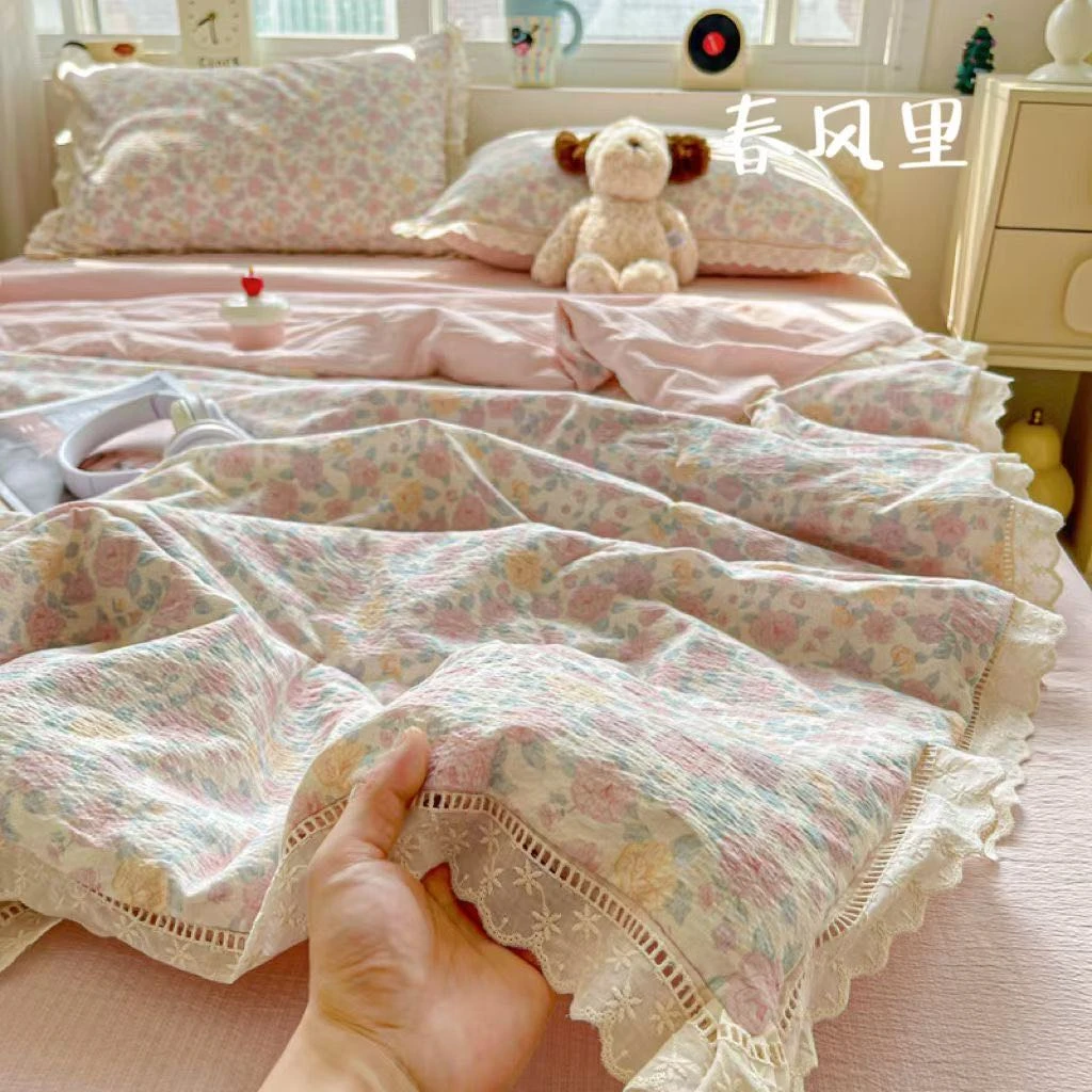 夏凉被四件套吸汗木棉皱皱纱夹棉毛毯床单清凉床品套件秋季耐磨5