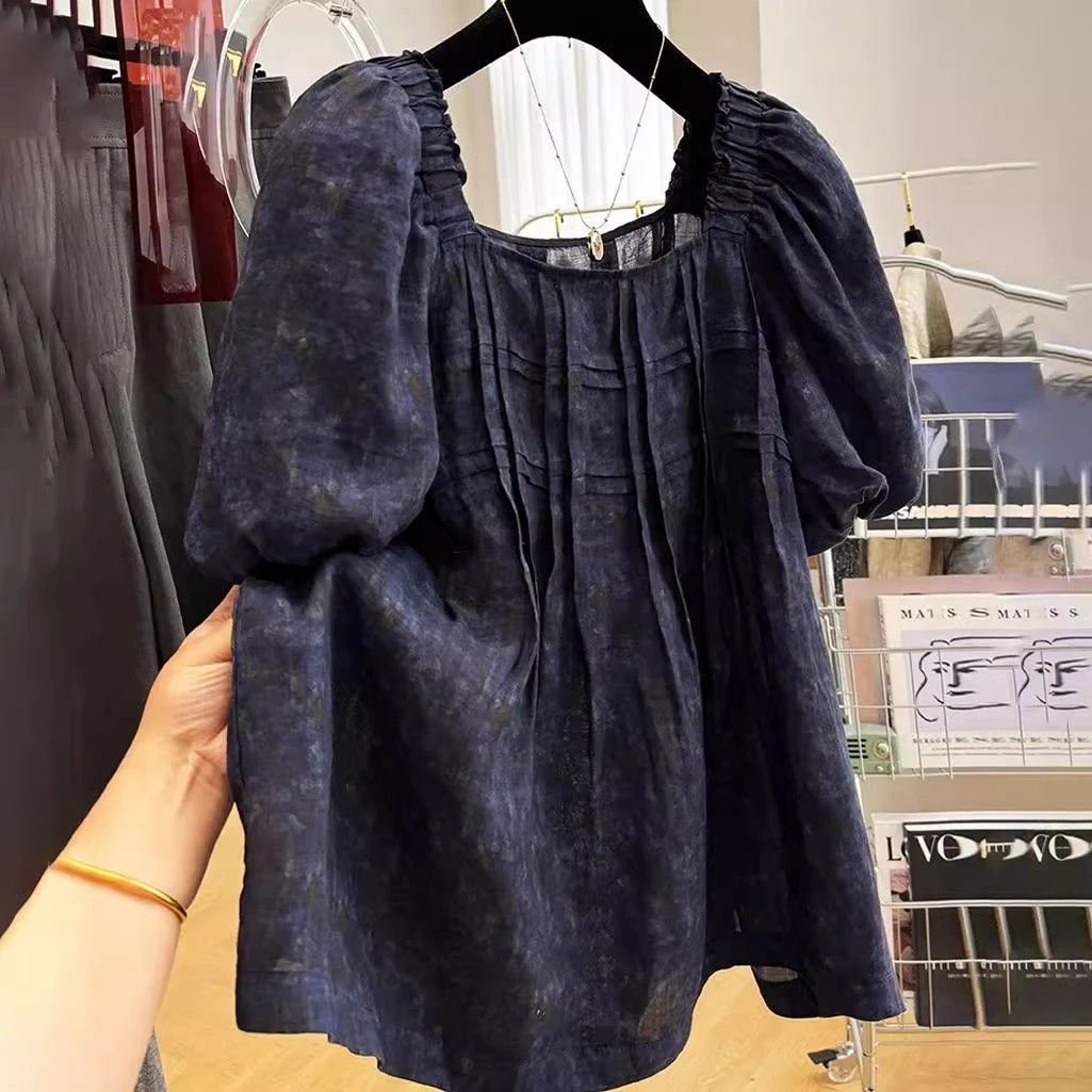 大码胖mm2025夏季新款褶皱方领泡泡短袖衬衫女宽松显瘦薄款娃娃衫