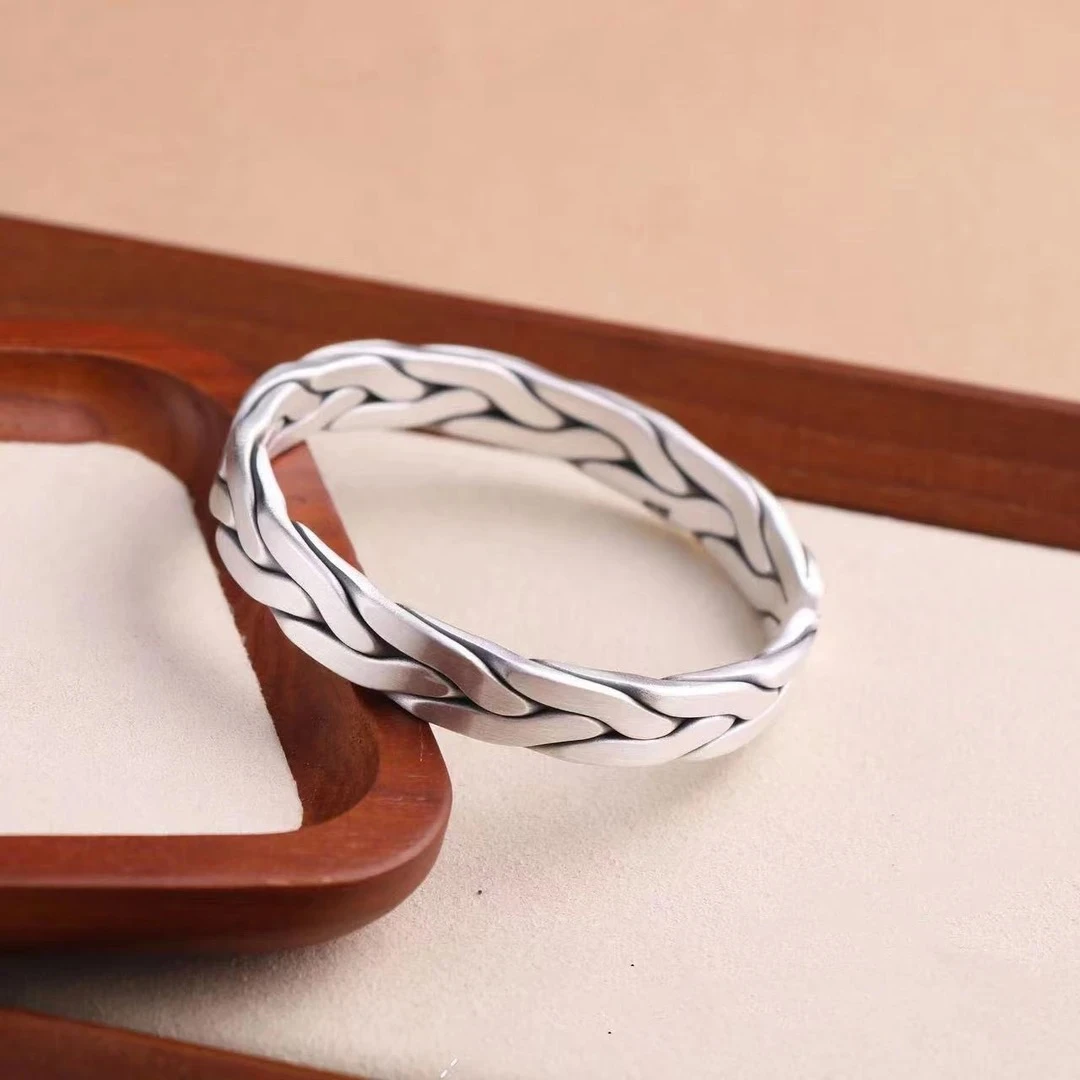 足银手镯 【艾比银】足银999编织手镯情侣手镯复古开口个性手镯