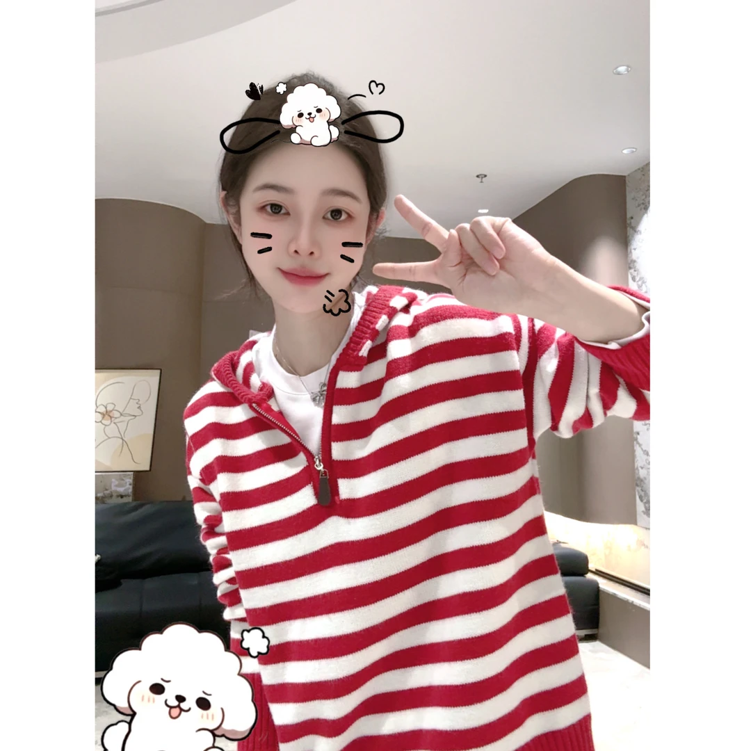 宿慕SUMU撞色条纹连帽针织衫2025秋季9-19宽松百搭显瘦毛衣28355