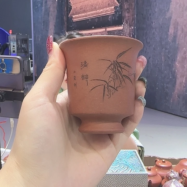 紫砂茶杯红清水竹子刻绘闻香杯!