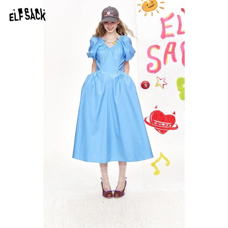 妖精的口袋蓝色法式泡泡袖连衣裙女2025年夏新款公主风气质长裙子