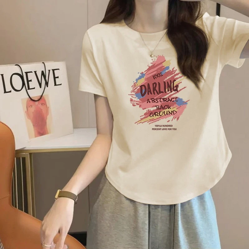 杏色女士短袖恤2025夏季新款小个子弧形下摆正肩纯棉体恤上衣潮