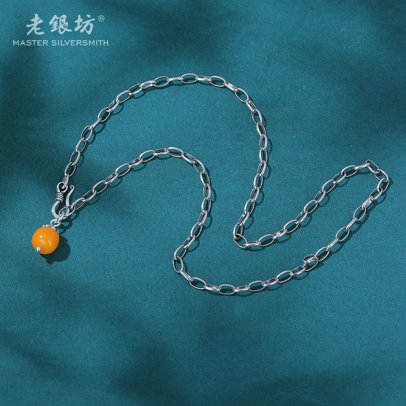 【老银坊】s925银蜜蜡提溜链条项链 品质珠宝 0021534