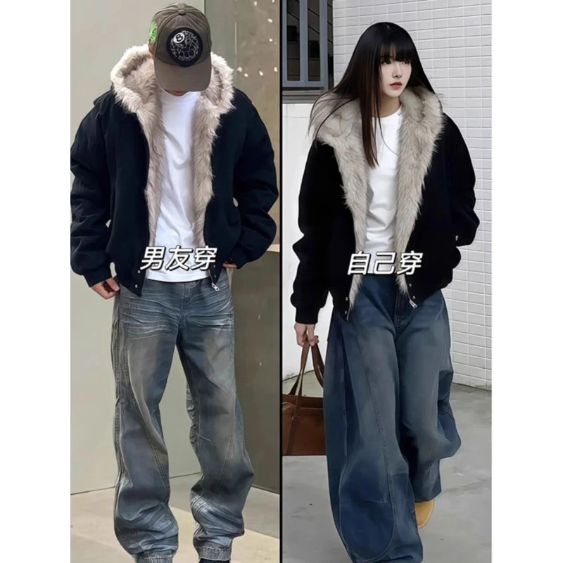 连帽座山雕棉服男冬季加绒加厚中性风棉衣夹克慵懒风男生毛毛外套