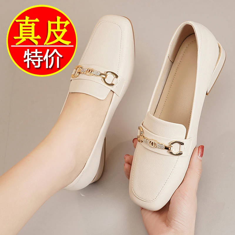 真皮牛皮乐福鞋女鞋2025新款春秋夏季豆豆小皮鞋中跟妈妈单鞋软底