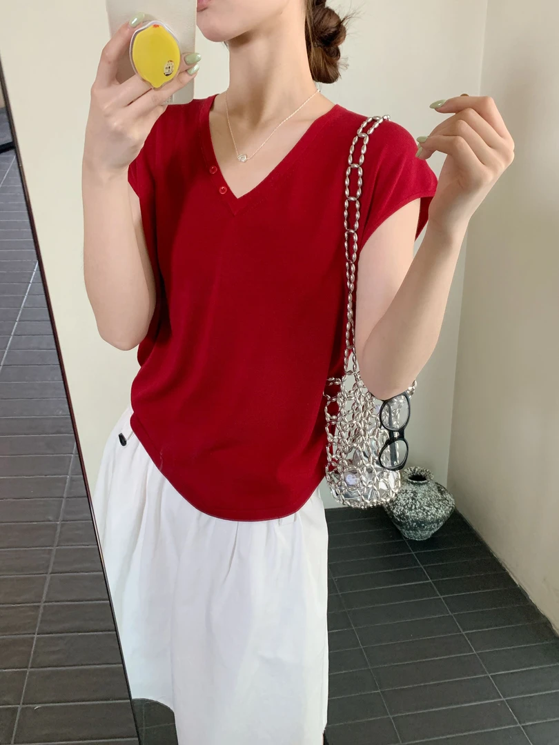 【潘潘.978856】冰蚕丝2025年夏季新款V领纯色飞袖针织衫6.4福利