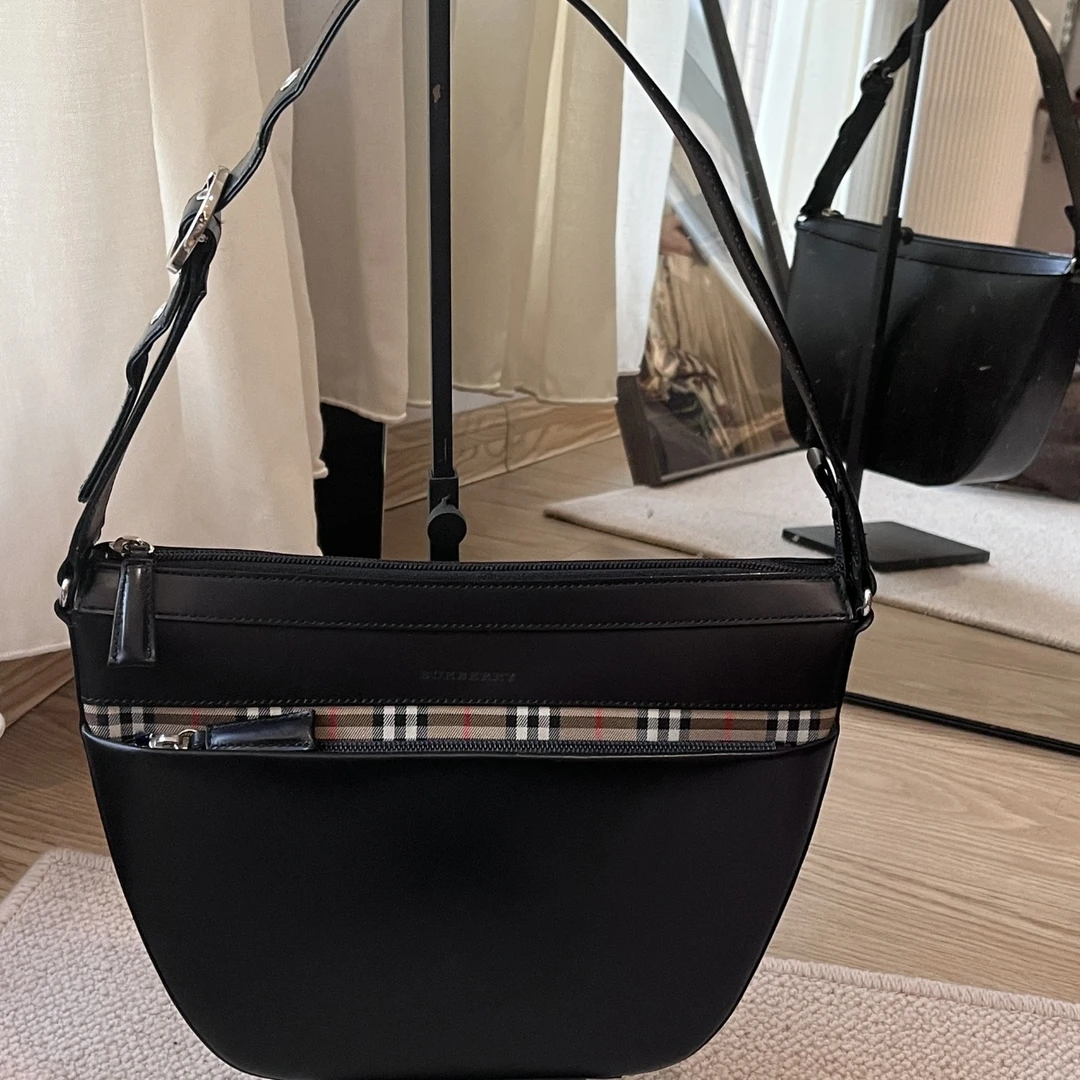 95新 BURBERRY/博柏利 XM经典棕色格纹拼皮单肩腋下包/JJ12115108