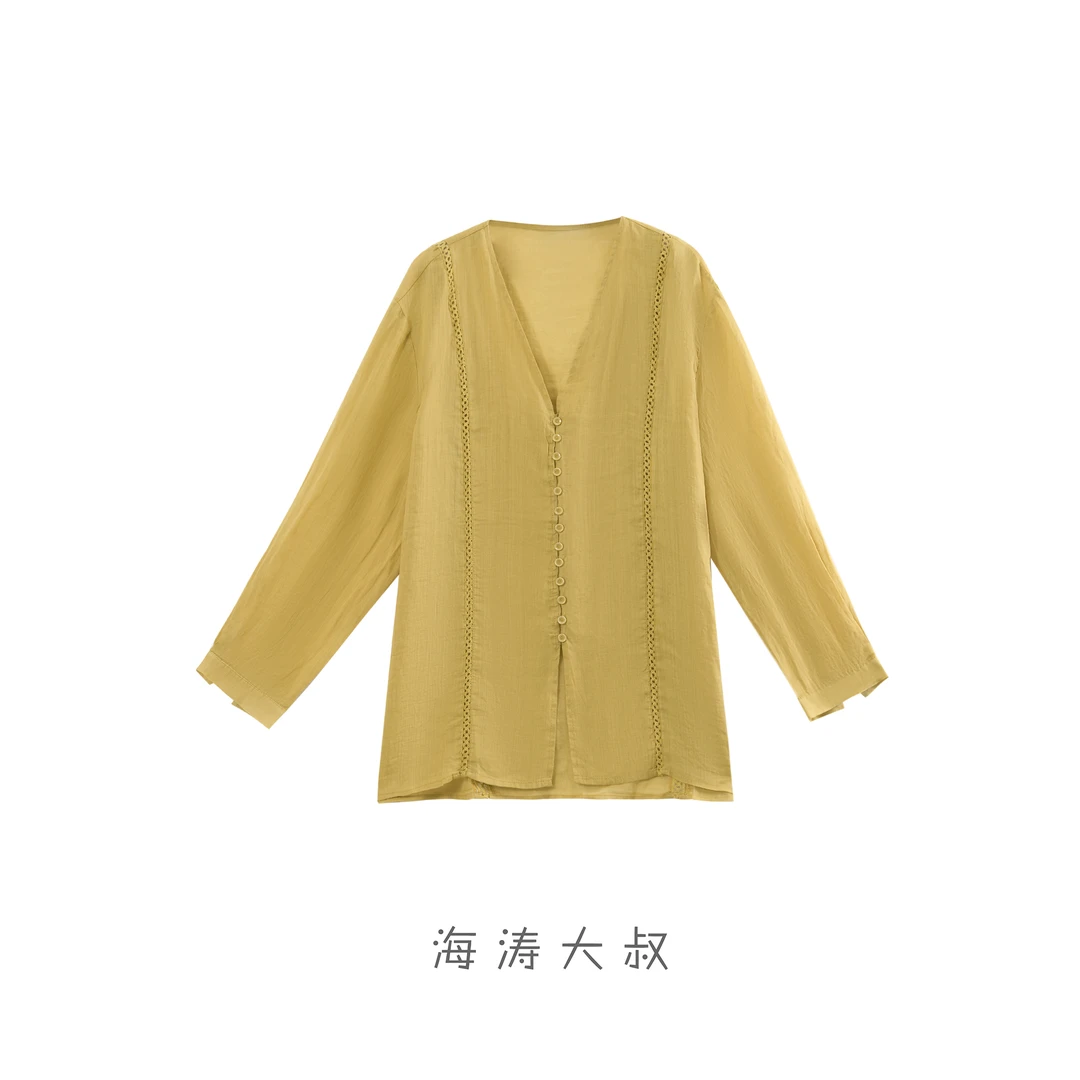 【海涛大叔】「且听风吟」苎麻轻薄长袖气质V领宽松休闲百搭防晒衬衫
