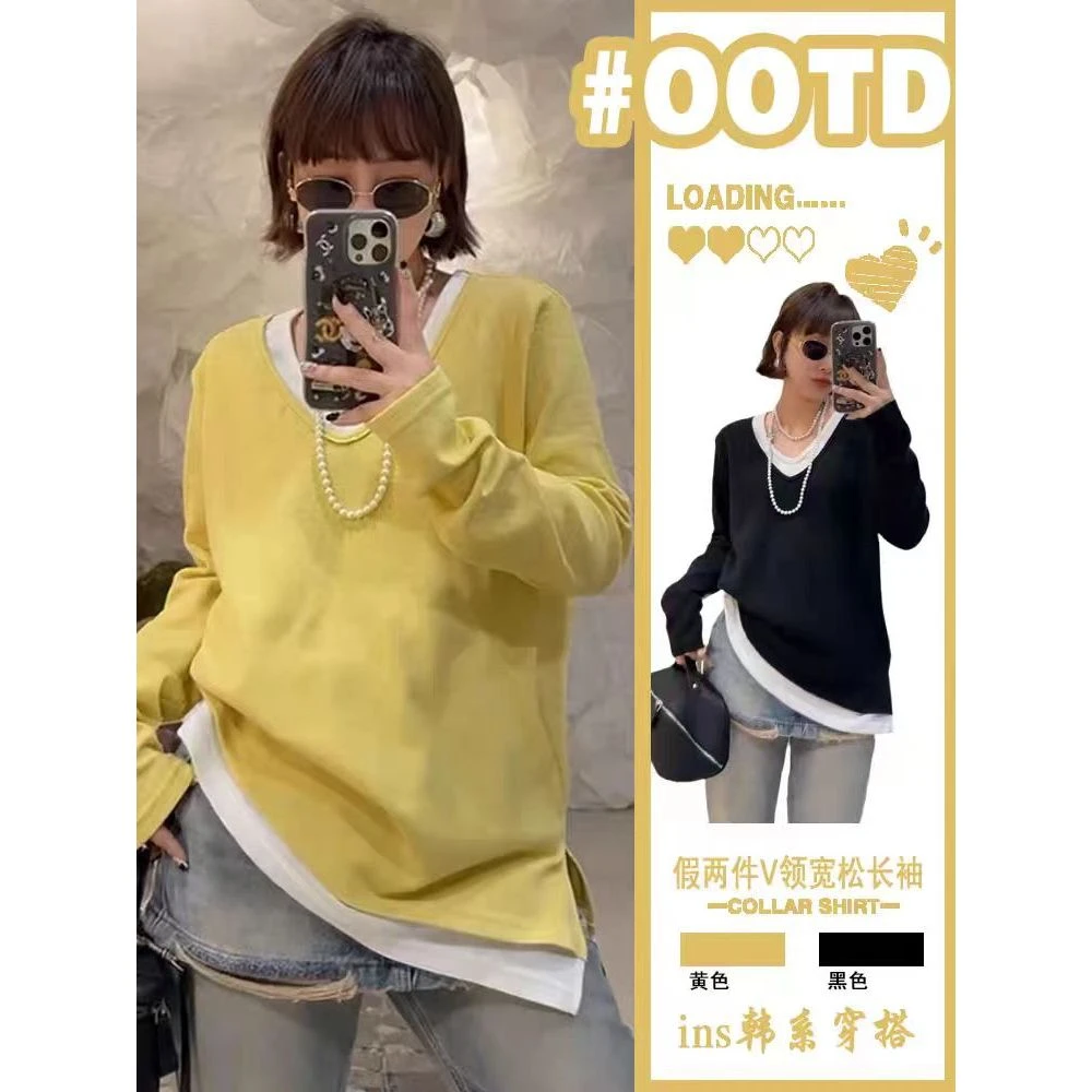 潮秀儿家大码春季显瘦休闲百搭时尚假两件大T恤99668