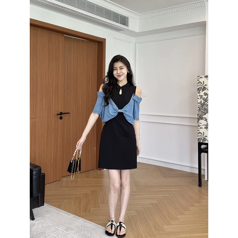 【现货】张阿星牛仔拼接改良新中式露肩收腰水滴镂空立领盘扣连衣裙