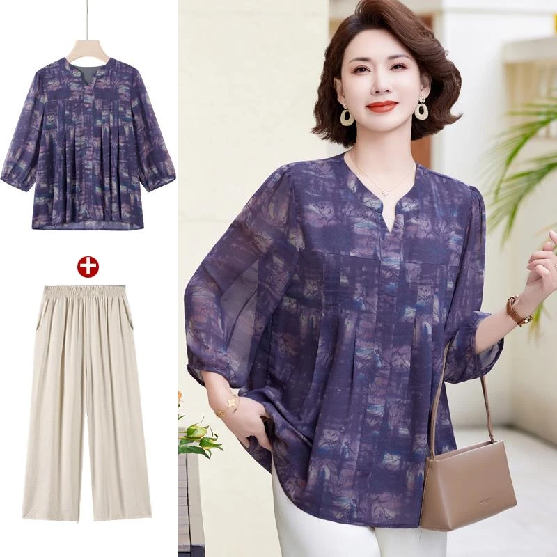 皮尔卡丹2025新款妈妈装春夏季七分袖雪纺小衫中老年女装中袖T恤