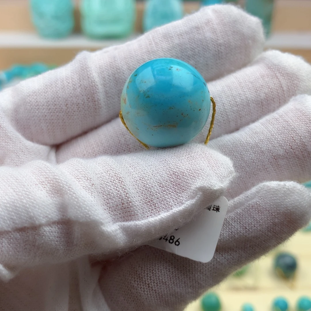 绿松石未镶嵌珠宝奇石高瓷蓝水波纹圆珠19.6mm