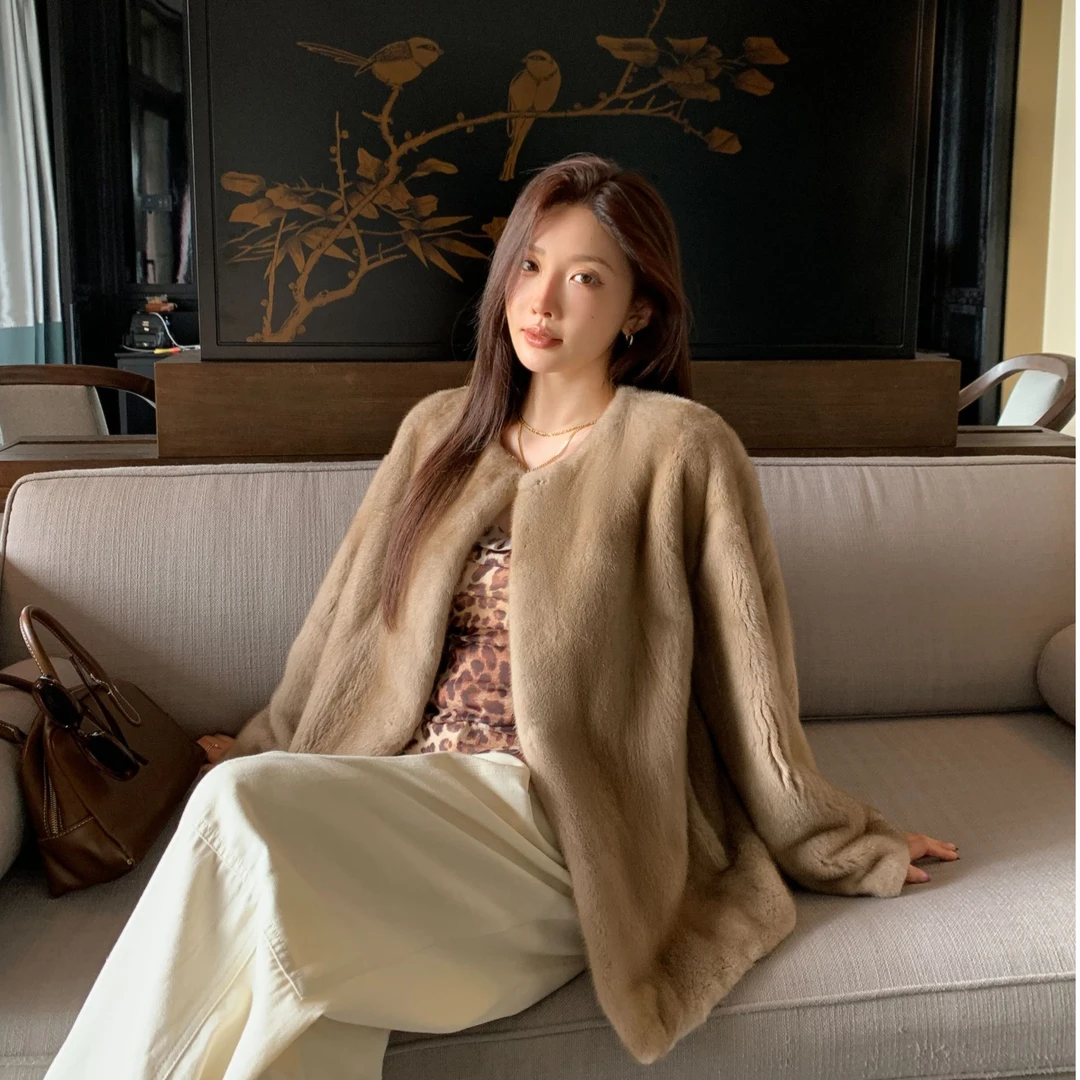 【NaNa】新款进口丹麦天鹅绒紫标皮草貂皮圆领整貂显瘦海宁皮草