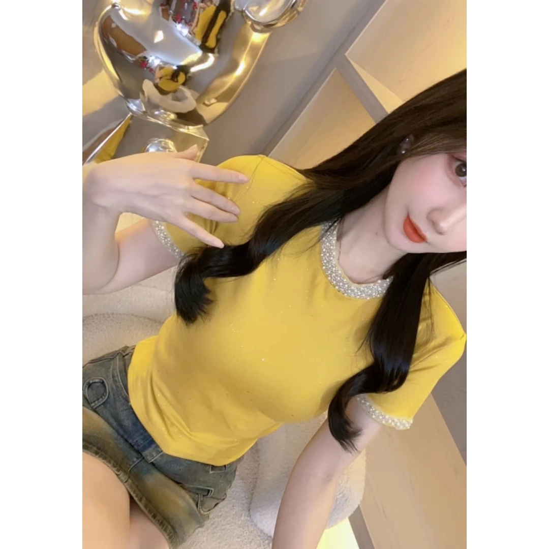 【小伊377-1撒粉圆领挂钻】短袖T恤女款修身2025夏季百搭设计感短款