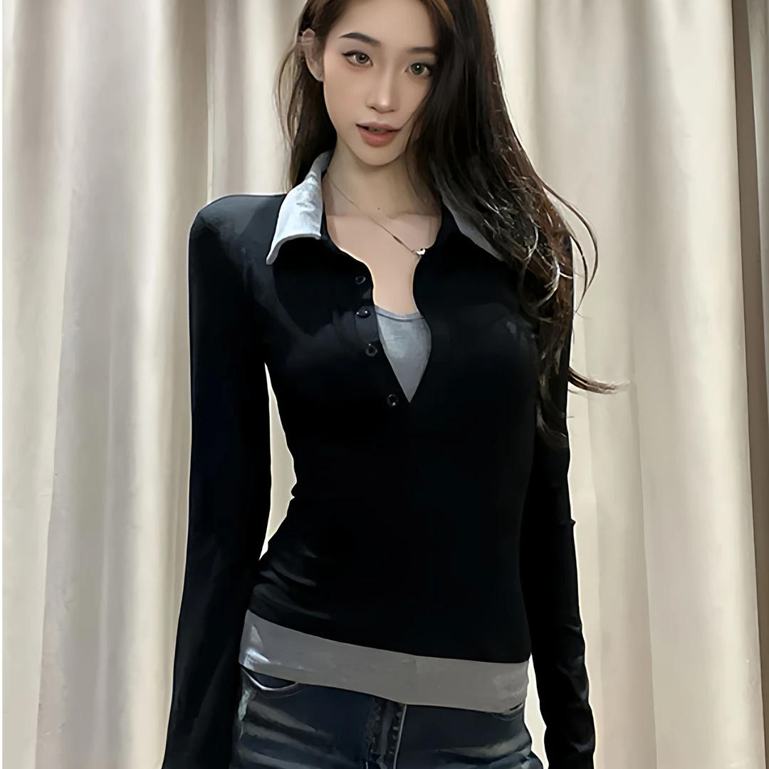 纯欲假两件Polo领长袖辣妹短款T恤女秋季设计感拼接显瘦修身上衣