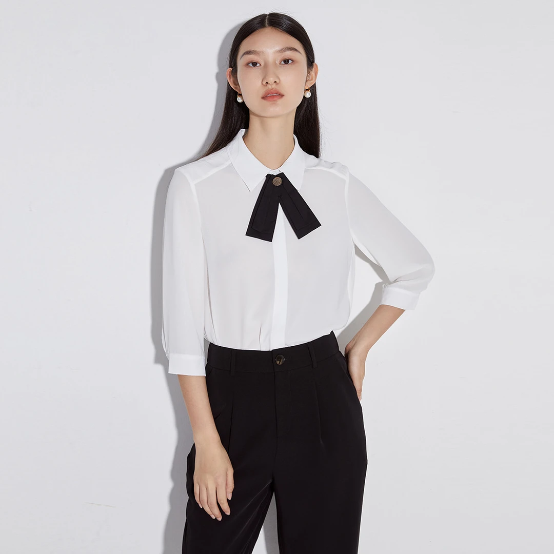 【小春子】白色衬衫女夏学院风领结造型透气百搭上衣