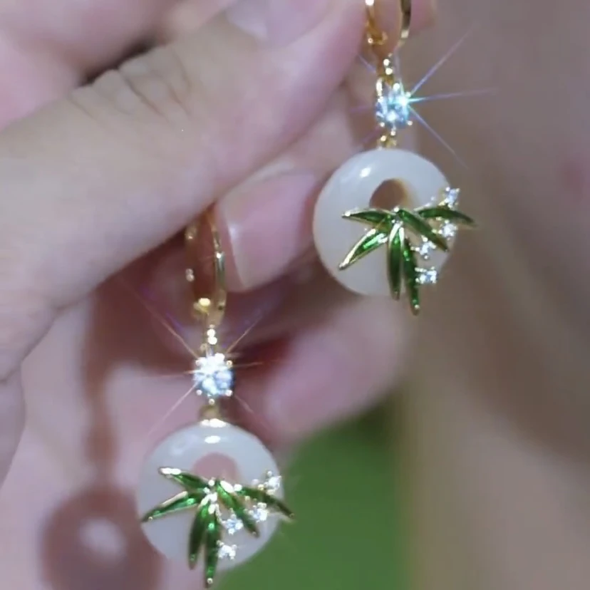 铜合金锆石耳饰 新中式翠竹平安扣耳环女轻奢国风小众耳饰耳扣