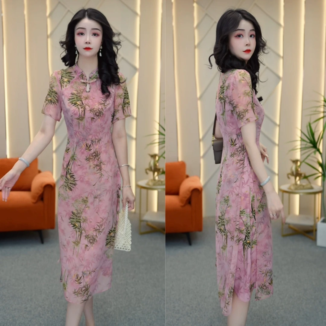 2025夏季中国风时尚女人味复古减龄显瘦百搭印花改良旗袍裙M-4XL