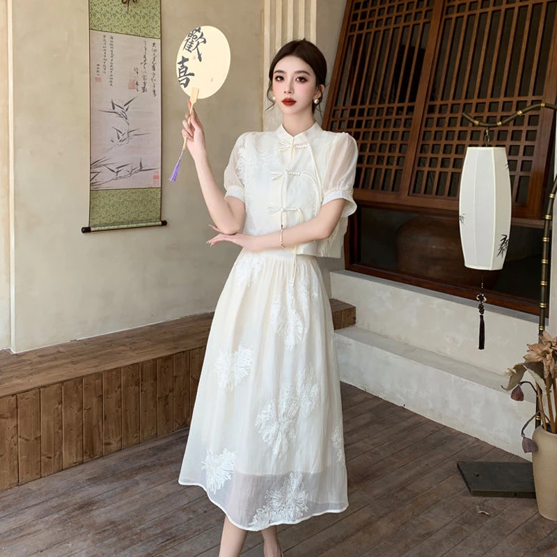 短袖现货春夏季新中式时尚显瘦潮流新中式两件套绣花盘扣套装套裙