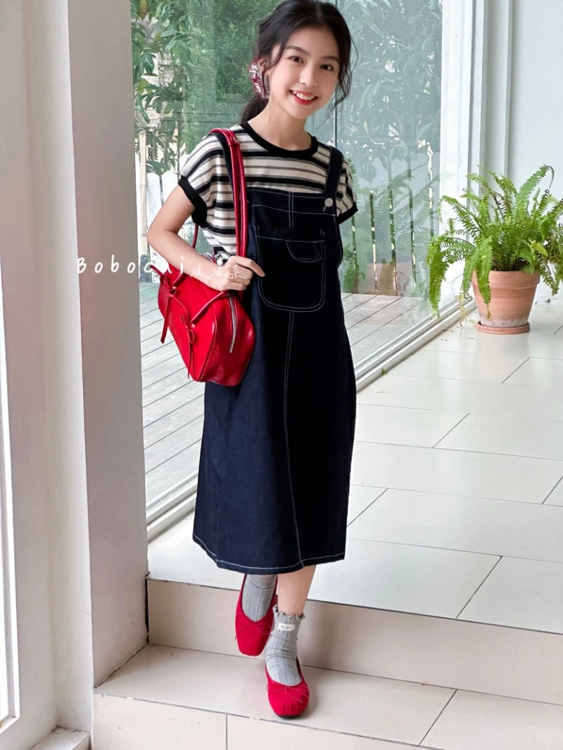 夏季连衣裙女套头洋气韩版常规条纹套装薄款童装裙子