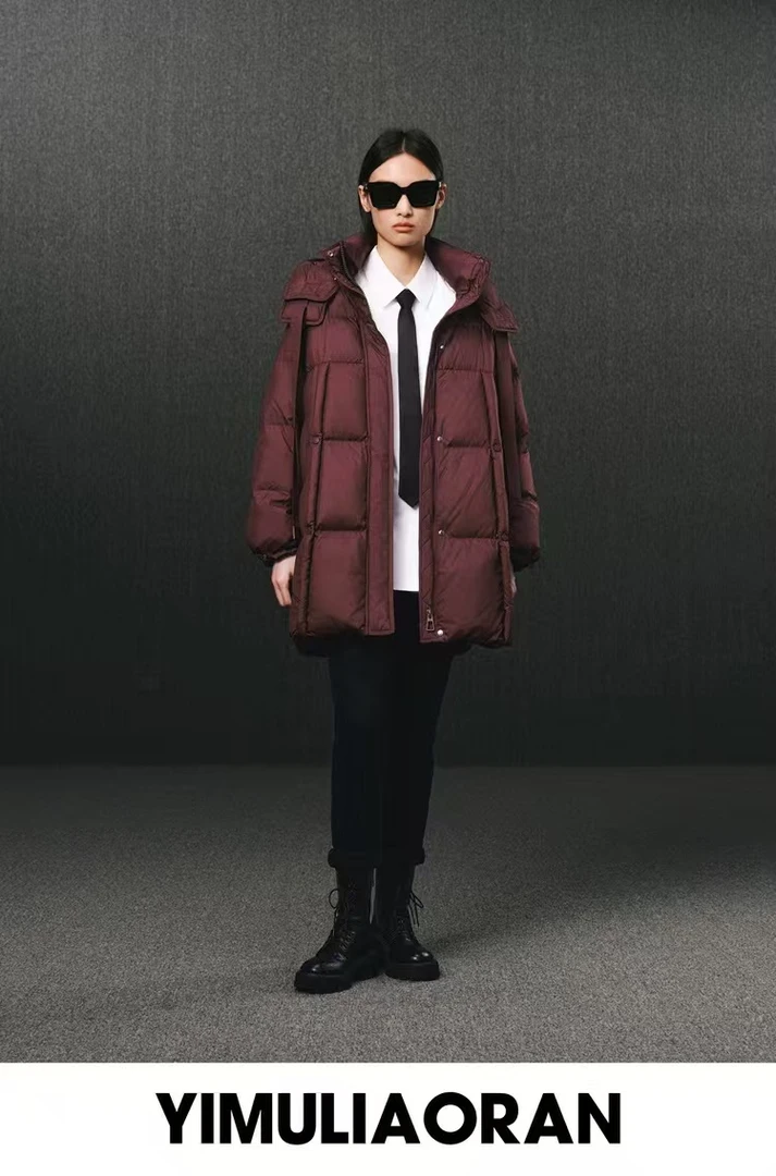 3J892398D  中长款飘带连帽羽绒服