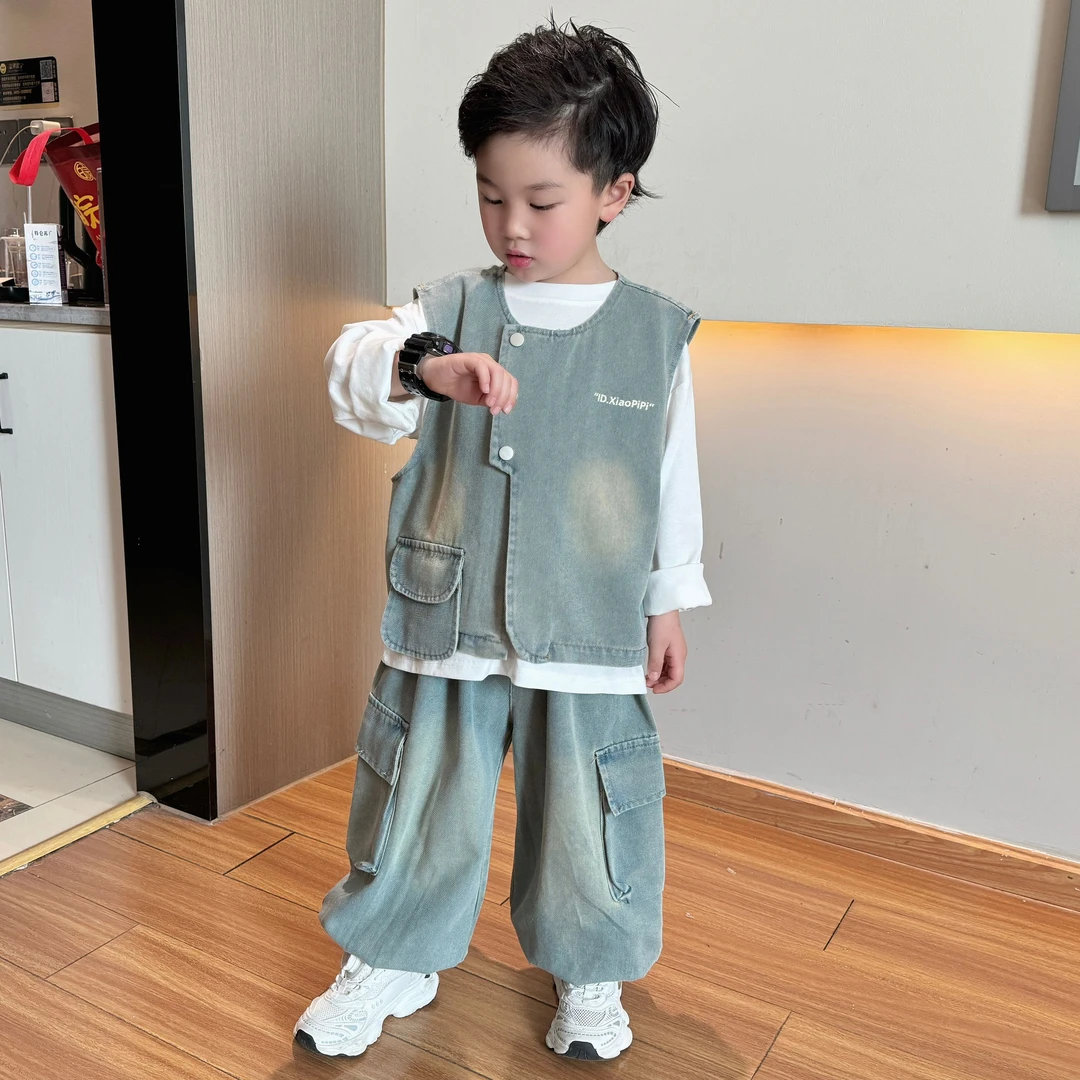 男童春装套装2025新款韩版帅气男孩牛仔马甲三件套宝宝春秋装衣服