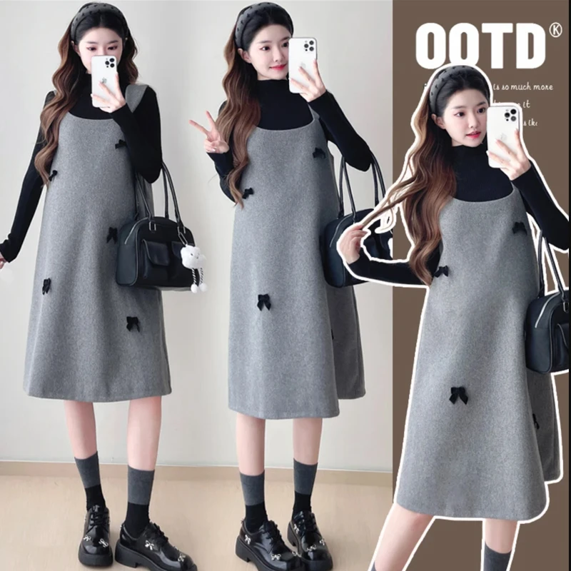 孕妇2024秋冬季新款韩版显瘦甜美蝴蝶结减龄A版孕妇连衣裙+毛衣